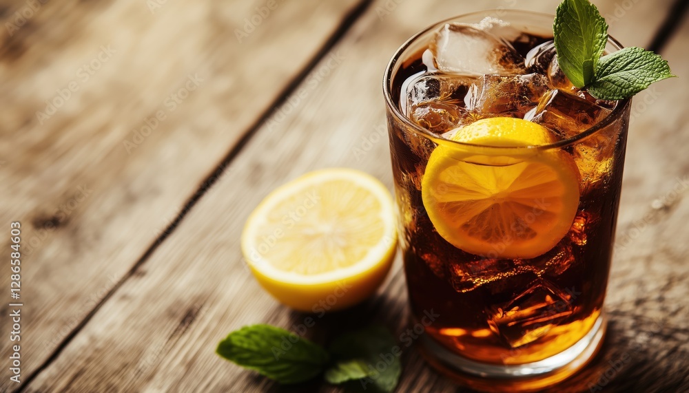Close-Up Of A Refreshing Iced Tea With Lemon Slice On Wooden Table - Perfect Summer Drink For Hot Days. Close-Up Of A Refreshing Iced Tea With Lemon Slice On Wooden Table - Perfect Summer Drink For Hot Days.