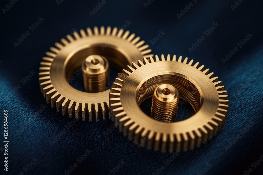 Close-up of two golden gears interlocked, showcasing intricate details and precision engineering. Close-up of two golden gears interlocked, showcasing intricate details and precision engineering.