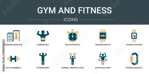 set of 10 outline web gym and fitness icons such as exercise hang bar, lumbar belt, big stopwatch, training watch, fitness tracker, little dumbbell, fitness body vector icons for report,