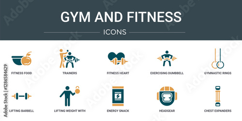 set of 10 outline web gym and fitness icons such as fitness food, trainers, fitness heart, exercising dumbbell, gymnastic rings, lifting barbell, lifting weight with right arm vector icons for