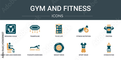 set of 10 outline web gym and fitness icons such as weighing scale, trampoline, to do list, fitness nutrition, protein, chest and legs exercises, pushups exercises vector icons for report,