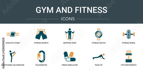 set of 10 outline web gym and fitness icons such as athletic strap, fitness shorts, skipping rope, fitness watch, wheel, stretching leg exercise, pulsometer vector icons for report, presentation,