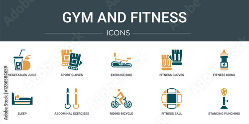 set of 10 outline web gym and fitness icons such as vegetables juice, sport gloves, exercise bike, fitness gloves, fitness drink, sleep, abdominal exercises vector icons for report, presentation,