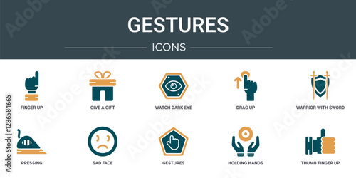set of 10 outline web gestures icons such as finger up, give a gift, watch dark eye, drag up, warrior with sword and shield, pressing, sad face vector icons for report, presentation, diagram, web