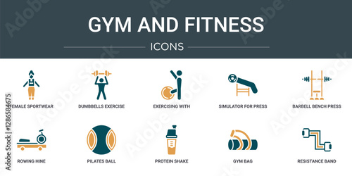 set of 10 outline web gym and fitness icons such as female sportwear, dumbbells exercise, exercising with gymnastic ball, simulator for press, barbell bench press, rowing hine, pilates ball vector