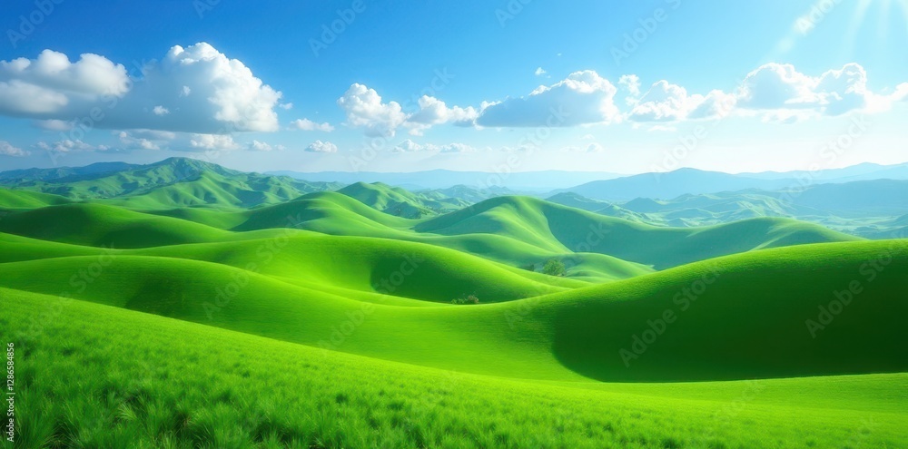 Undulating emerald hills bathed in sunlight, azure sky above, picturesque, nature Undulating emerald hills bathed in sunlight, azure sky above, picturesque, nature
