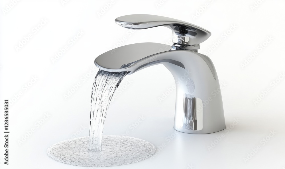 Modern chrome bathroom faucet with flowing water on white background Modern chrome bathroom faucet with flowing water on white background