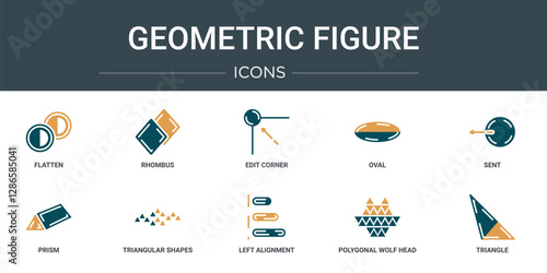 set of 10 outline web geometric figure icons such as flatten, rhombus, edit corner, oval, sent, prism, triangular shapes forming waves vector icons for report, presentation, diagram, web design,