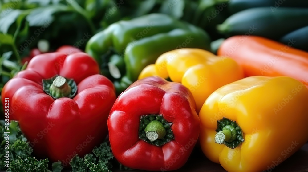 vibrant assortment of fresh bell peppers in red, yellow, and green hues, surrounded by leafy greens and zucchini, showcasing colorful and healthy vegetable display vibrant assortment of fresh bell peppers in red, yellow, and green hues, surrounded by leafy greens and zucchini, showcasing colorful and healthy vegetable display