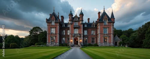 Dunrobin Castle's impressive facade, dramatic sky , clouds, grey sky