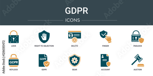 set of 10 outline web gdpr icons such as lock, right to objection, delete, finger, padlock, keylock, gdpr vector icons for report, presentation, diagram, web design, mobile app