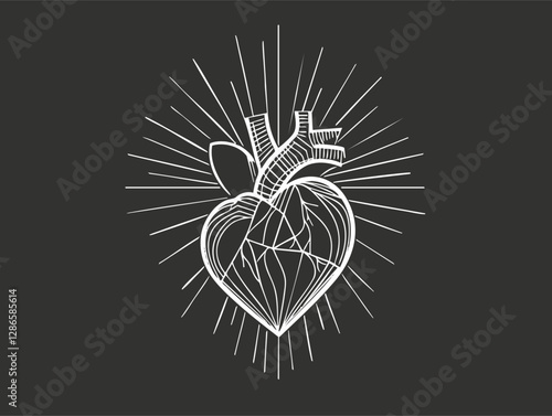 Stylized anatomical heart line art with rays on black background.