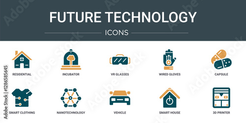 set of 10 outline web future technology icons such as residential, incubator, vr glasses, wired gloves, capsule, smart clothing, nanotechnology vector icons for report, presentation, diagram, web