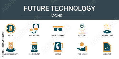 set of 10 outline web future technology icons such as avatar, stethoscope, smart glasses, hologram, teleportation, augmented reality, egg incubator vector icons for report, presentation, diagram,