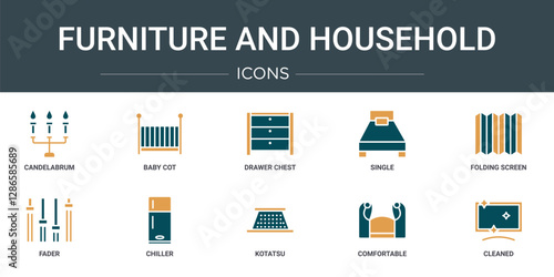 set of 10 outline web furniture and household icons such as candelabrum, baby cot, drawer chest, single, folding screen, fader, chiller vector icons for report, presentation, diagram, web design,
