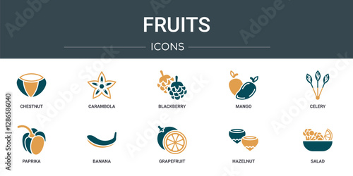 set of 10 outline web fruits icons such as chestnut, carambola, blackberry, mango, celery, paprika, banana vector icons for report, presentation, diagram, web design, mobile app