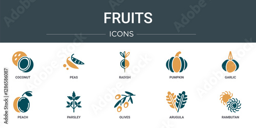 set of 10 outline web fruits icons such as coconut, peas, radish, pumpkin, garlic, peach, parsley vector icons for report, presentation, diagram, web design, mobile app