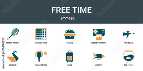set of 10 outline web free time icons such as tennis racket, chess board, baking, instant camera, paintball, origami, table tennis vector icons for report, presentation, diagram, web design, mobile