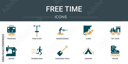 set of 10 outline web free time icons such as traveling, pogo stick, wakeboarding, climb, toy train, sewing, running man vector icons for report, presentation, diagram, web design, mobile app