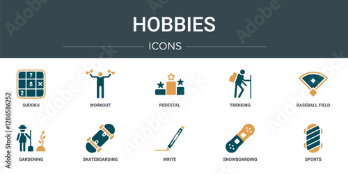 set of 10 outline web hobbies icons such as sudoku, workout, pedestal, trekking, baseball field, gardening, skateboarding vector icons for report, presentation, diagram, web design, mobile app
