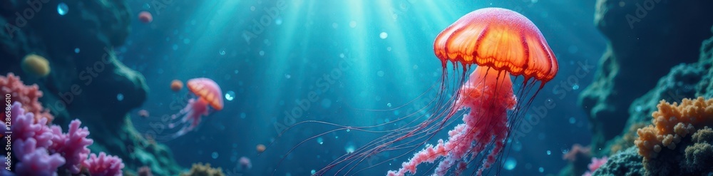 Fototapeta premium Jellyfish entangled in plastic, vibrant ocean scene, nets, ocean pollution