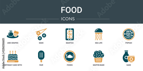 set of 10 outline web food icons such as and grapes, maki, mantou, sea life, popiah, birthday cake with candles, fair vector icons for report, presentation, diagram, web design, mobile app