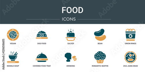 set of 10 outline web food icons such as vegan, dog food, salver, bean, onion rings, noodle soup, covered food tray vector icons for report, presentation, diagram, web design, mobile app