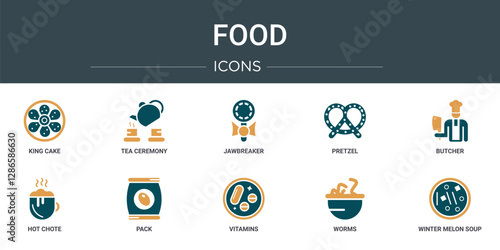 set of 10 outline web food icons such as king cake, tea ceremony, jawbreaker, pretzel, butcher, hot chote, pack vector icons for report, presentation, diagram, web design, mobile app