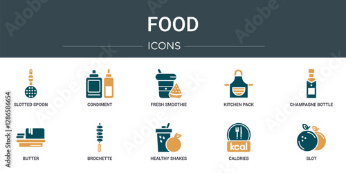 set of 10 outline web food icons such as slotted spoon, condiment, fresh smoothie, kitchen pack, champagne bottle, butter, brochette vector icons for report, presentation, diagram, web design,