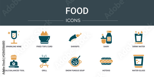 set of 10 outline web food icons such as sparkling wine, fried tofu curd balls, shrimps, dairy, drink water, scale balanced tool, grill vector icons for report, presentation, diagram, web design,