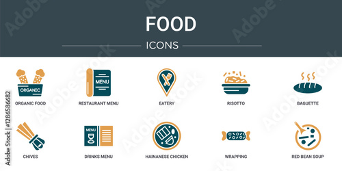 set of 10 outline web food icons such as organic food, restaurant menu, eatery, risotto, baguette, chives, drinks menu vector icons for report, presentation, diagram, web design, mobile app