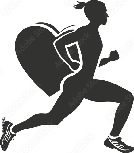 Silhouette of a woman running with a heart symbol behind her.