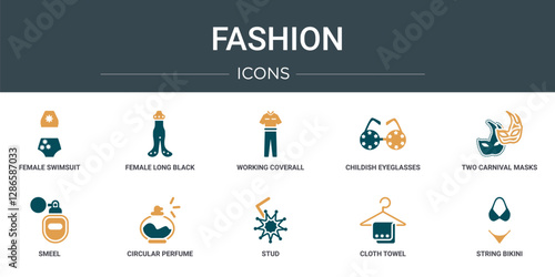 set of 10 outline web fashion icons such as female swimsuit, female long black dress, working coverall, childish eyeglasses, two carnival masks, smeel, circular perfume bottle vector icons for