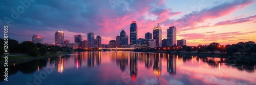 Modern Peoria, IL skyline reflecting on the Illinois River ,  Illinois River,  waterfront,  architecture