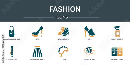 set of 10 outline web fashion icons such as hobo shoulder bag, heel, woman boots, hell, spray bottle, stripped tie, skirt with white lining vector icons for report, presentation, diagram, web