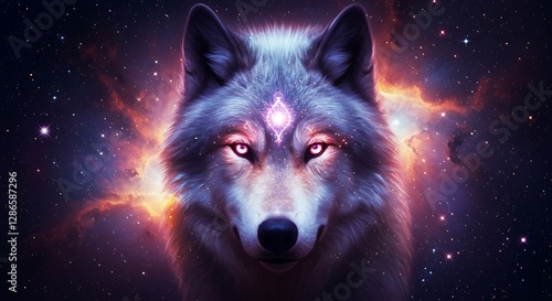 Majestic Wolf Staring with Glowing Eyes Against a Cosmic Galaxy Backdrop