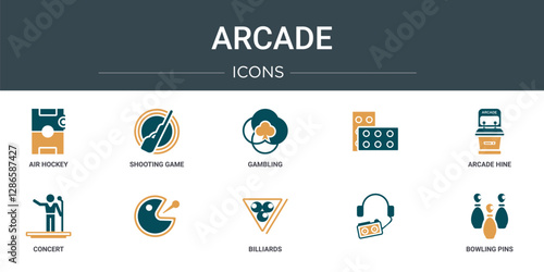 set of 10 outline web arcade icons such as air hockey, shooting game, gambling,  , arcade hine, concert,  vector icons for report, presentation, diagram, web design, mobile