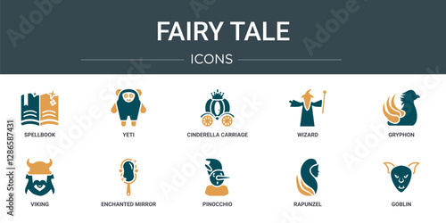 set of 10 outline web fairy tale icons such as spellbook, yeti, cinderella carriage, wizard, gryphon, viking, enchanted mirror vector icons for report, presentation, diagram, web design, mobile app