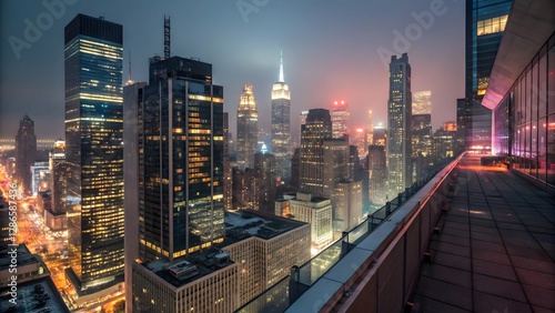 Nighttime Cityscape from Rooftop, Skyscrapers and Urban Lights