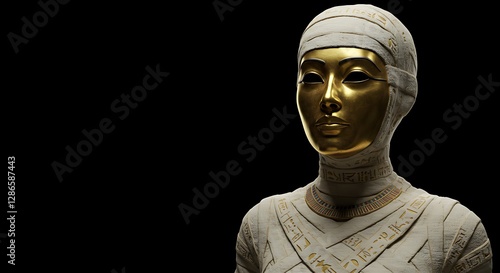 Mummy Statue with Golden Mask and Hieroglyphs Against Black Background