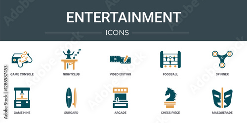 set of 10 outline web entertainment icons such as game console, nightclub, video editing, foosball, spinner, game hine, suroard vector icons for report, presentation, diagram, web design, mobile app