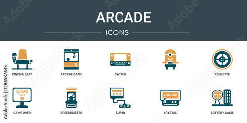 set of 10 outline web arcade icons such as cinema seat, arcade game, switch,  , roulette, game over, speedometer vector icons for report, presentation, diagram, web design, mobile app
