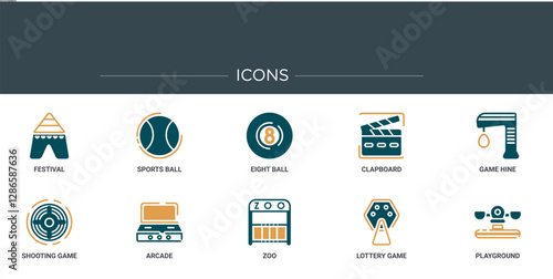 set of 10 outline web entertainment icons such as festival, sports ball, eight ball, clapboard, game hine, shooting game, arcade vector icons for report, presentation, diagram, web design, mobile