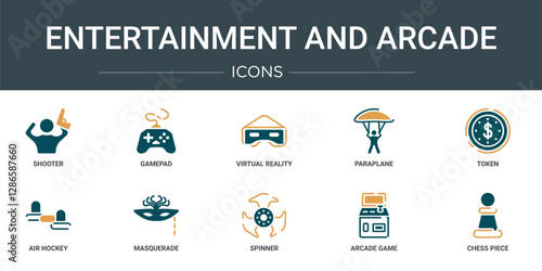 set of 10 outline web entertainment and arcade icons such as shooter, gamepad, virtual reality glasses, paraplane, token, air hockey, masquerade vector icons for report, presentation, diagram, web