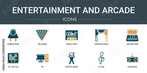 set of 10 outline web entertainment and arcade icons such as cinema seat, billiards, music tape, curtain stage, arcade hine, tic tac toe, pc vector icons for report, presentation, diagram, web