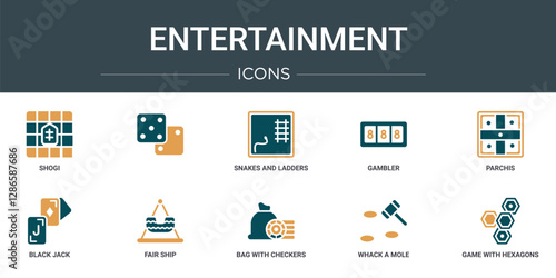 set of 10 outline web entertainment icons such as shogi,  , snakes and ladders, gambler, parchis, black jack, fair ship vector icons for report, presentation, diagram, web design, mobile app