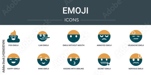set of 10 outline web emoji icons such as poo emoji, liar emoji, without mouth, annoyed headache happy wink vector icons for report, presentation, diagram, web design, mobile app