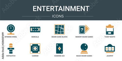set of 10 outline web entertainment icons such as spinning wheel, mancala, board game blocks, memory board games, ticket booth, hopscotch, carrom vector icons for report, presentation, diagram, web