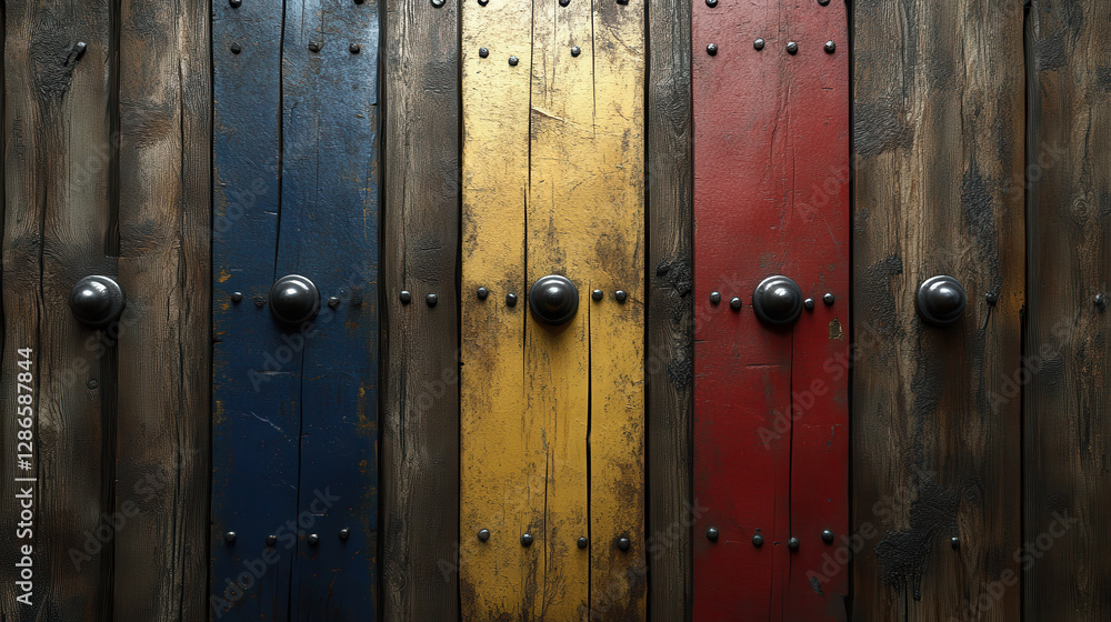 Obraz premium Colorful wooden doors with metal knobs create rustic and vibrant atmosphere