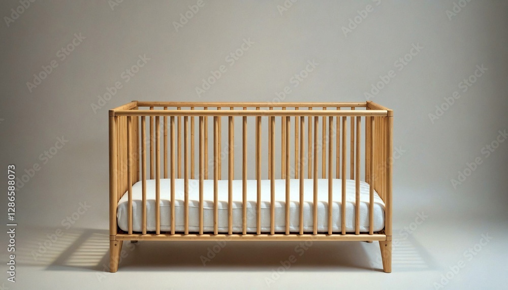 Minimalistic wooden crib with white sheet indoors Minimalistic wooden crib with white sheet indoors